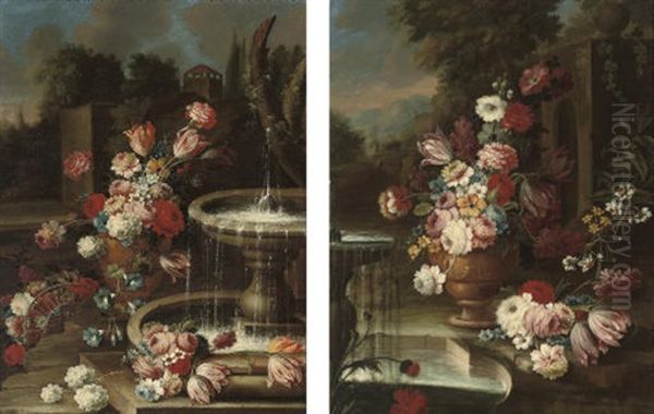 Chrysanthemums And Other Flowers In A Terracotta Urn (+ Chrysanthemums And Other Flowers In A Terracotta Urn; Pair) Oil Painting by Giuseppe Lavagna