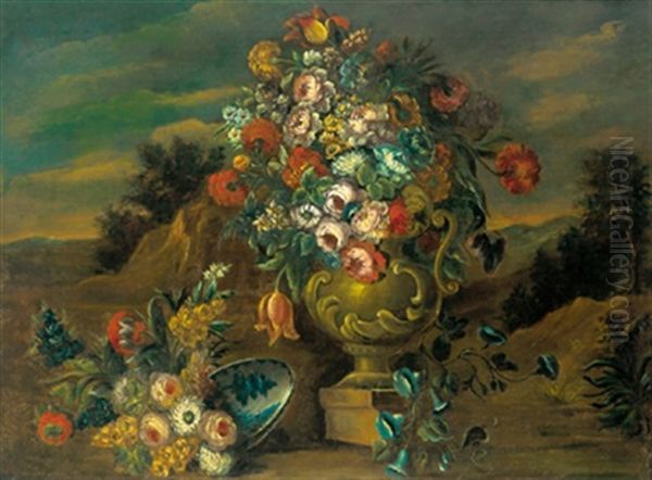 Fiori In Un Vaso Di Pietra In Un Paesaggio Oil Painting by Giuseppe Lavagna