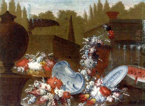 Flowers, Urns, Porcelain Dishes And A Melon By Fountains In A Garden Oil Painting by Giuseppe Lavagna