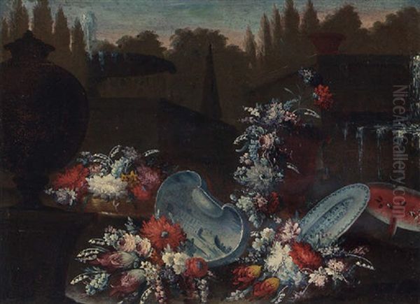 Flowers, Urns, Porcelain Dishes And A Melon By Fountains In A Garden Oil Painting by Giuseppe Lavagna