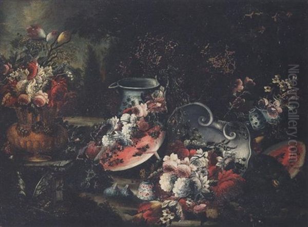 Natura Morta Di Fiori, Frutta E Vasellame Oil Painting by Giuseppe Lavagna