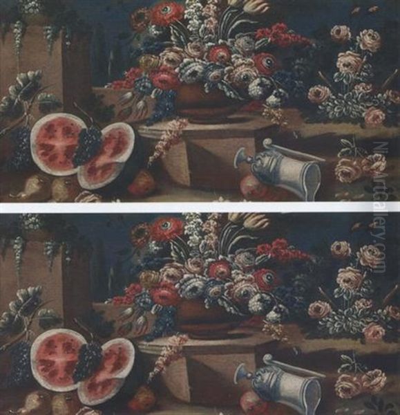 Natura Morta Di Fiori, Frutta E Vasellame Oil Painting by Giuseppe Lavagna