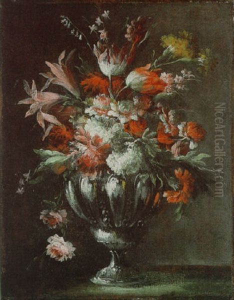 Blumenstraus In Einer Silbernen Prunkvase Oil Painting by Giuseppe Lavagna