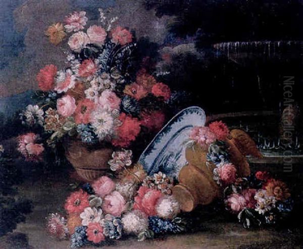 A Still Life Of A Vase Of Flowers Beside An Upturned Vase And An Oriental Dish Before A Fountain In A Landscape Oil Painting by Giuseppe Lavagna