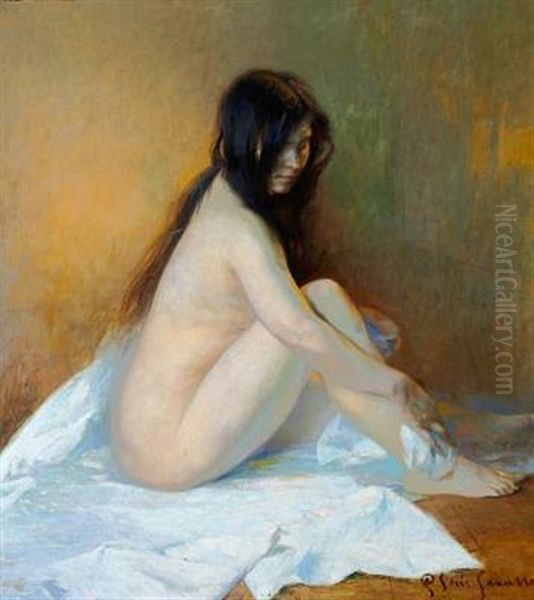 A Sitting Female Nude Oil Painting by Alexandre Claude Louis Lavalley