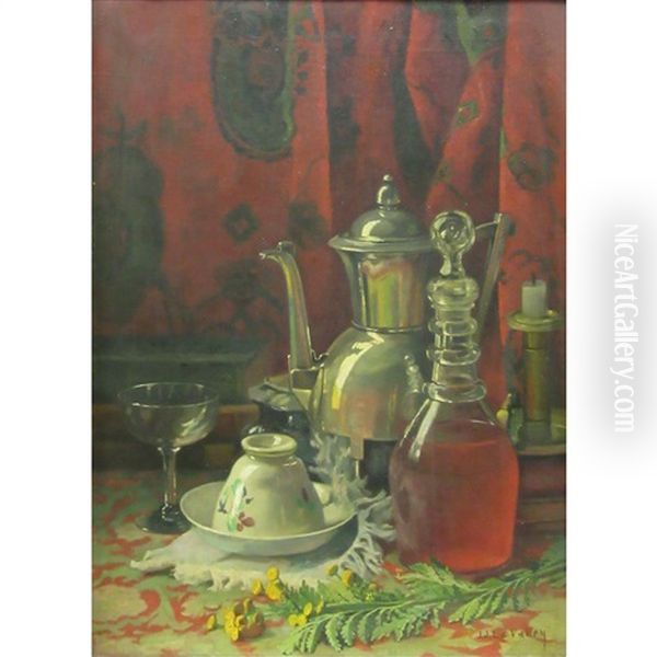 Still Life With Teapot, Wine Decanter And Candlestick Oil Painting by Jonas Joseph LaValley