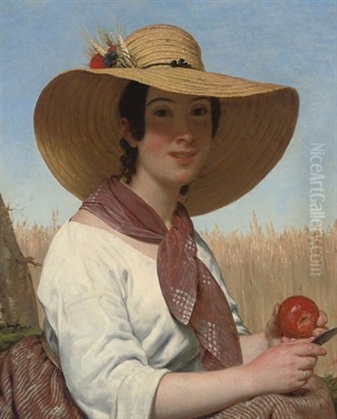 Girl In A Straw Hat Oil Painting by Alphonse Lavaudan