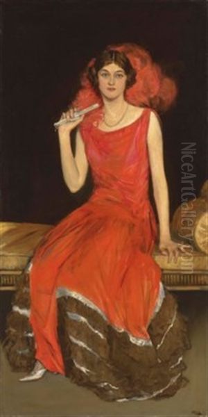 Lady In Red, Mrs Owen Barton Jones Oil Painting by John Lavery