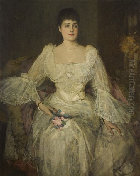 A Lady In White (a Portrait Of Lady Lyle) Oil Painting by John Lavery