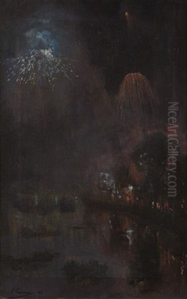 Fireworks Over The Kelvin: Glasgow International Exhibition Oil Painting by John Lavery