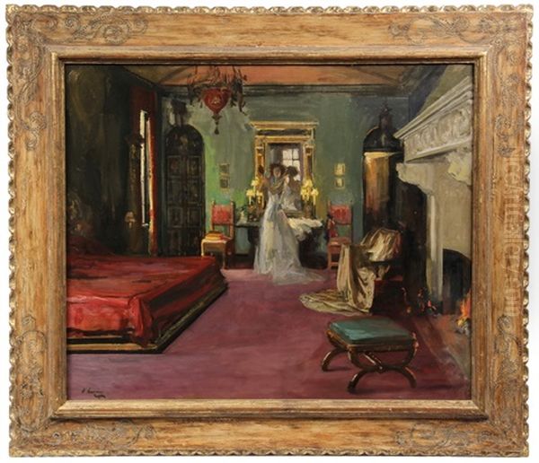 Mrs. Rosen Standing In Her Bedroom Suite Interior Wih Fireplace Oil Painting by John Lavery