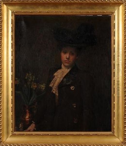 Mrs. Ethel Marquis. Nee Peacock Standing Beside A Vase Of Daffodils Wearing A Brown Coat With Necktie And A Large Brimmed Feather Hat Oil Painting by John Lavery