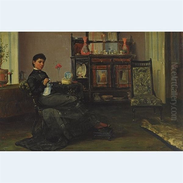 A Lady Sewing In A Parlour Oil Painting by John Lavery