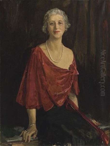 Portrait Of Madame Max Porges In A Red Shawl And Black Dress Oil Painting by John Lavery