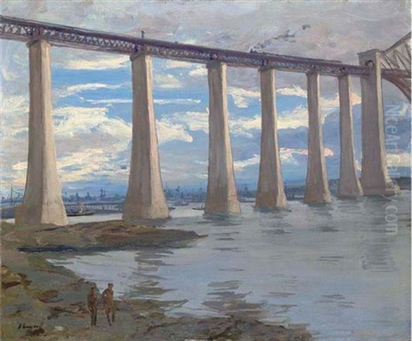 The Piers, Forth Bridge, Kite Balloon And Grand Fleet In The Distance Oil Painting by John Lavery