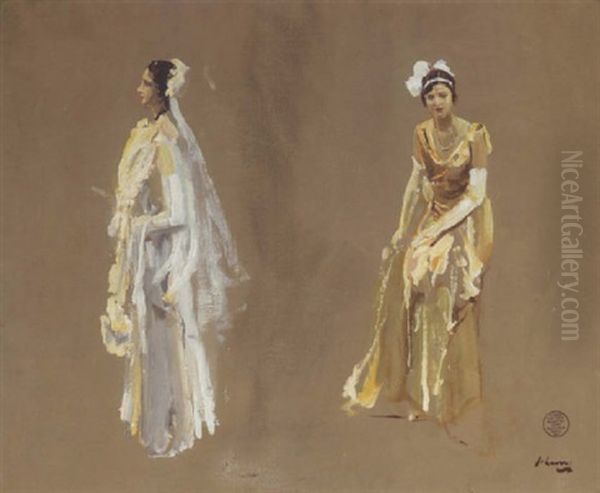 Miss Pike And Miss Pilkington: Studies For Their Majesties' Court, Buckingham Palace, 1931 Oil Painting by John Lavery