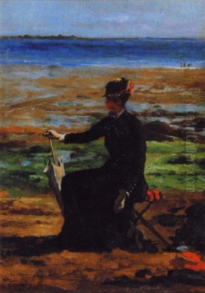 Portrait Of A Seated Lady In Black, On A Beach Oil Painting by John Lavery