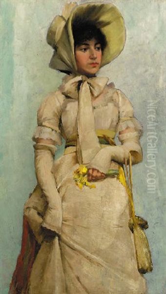 Standing Lady Wearing A Bonnet Oil Painting by John Lavery