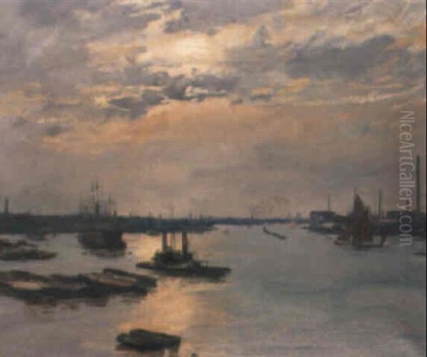 The River Thames At Greenwich, Evening Oil Painting by John Lavery