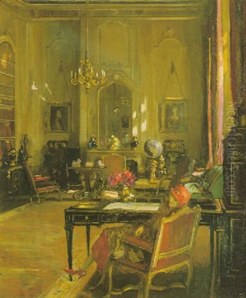 The Red Hat - Lady Lavery In A Mayfair Drawing Room Oil Painting by John Lavery