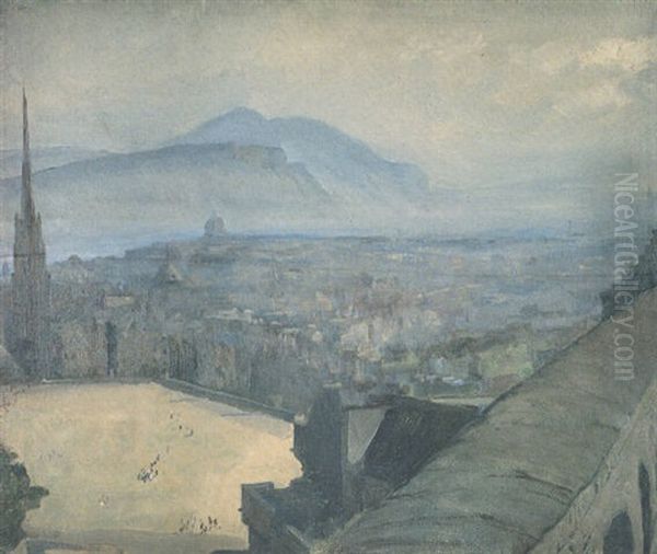 A View Of Edinburgh From The Castle Across The Esplanade Looking Towards Arthur's Seat Oil Painting by John Lavery