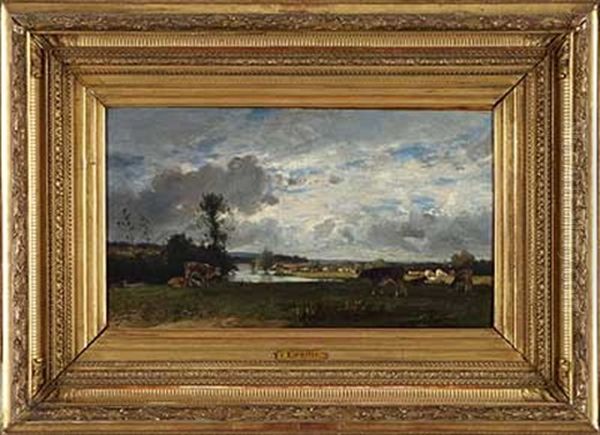 Wolkiger Sommertag Uber Viehherde Am Flussufer Oil Painting by Eugene Antoine Samuel Lavieille