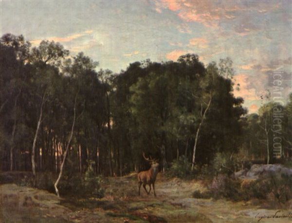 Futaie De La Plaine Du Rosoir, Fontainebleau, Le Soir Oil Painting by Eugene Antoine Samuel Lavieille