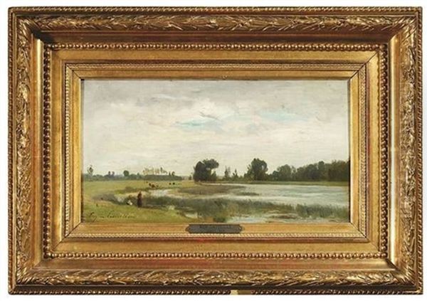 Sommerliche Flusslandschaft Mit Spaziergangern Oil Painting by Eugene Antoine Samuel Lavieille