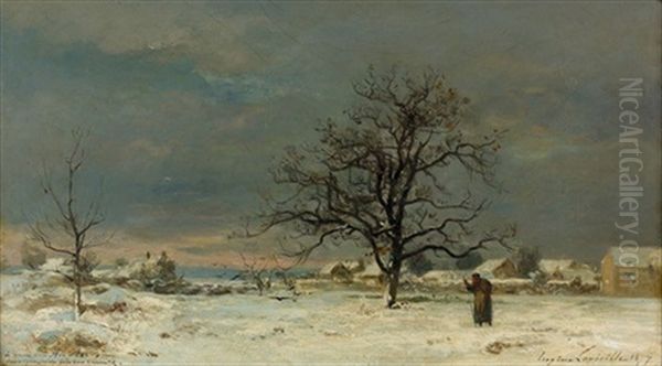 Winterliche Feldlandschaft Am Abend Oil Painting by Eugene Antoine Samuel Lavieille