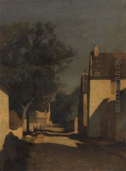 European Country Street Oil Painting by Eugene Antoine Samuel Lavieille