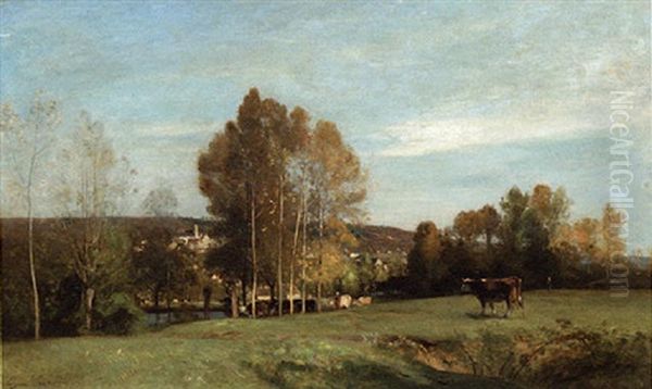 A Landscape With Cows Oil Painting by Eugene Antoine Samuel Lavieille