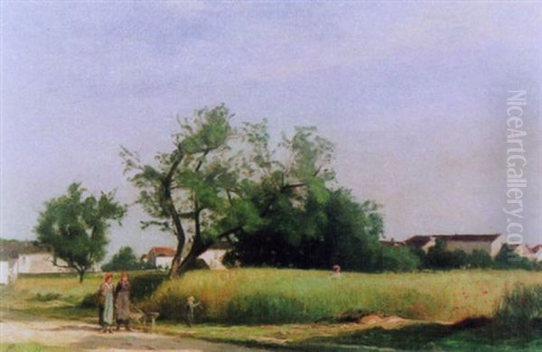 Dorflandschaft Mit Spaziergangern Oil Painting by Eugene Antoine Samuel Lavieille