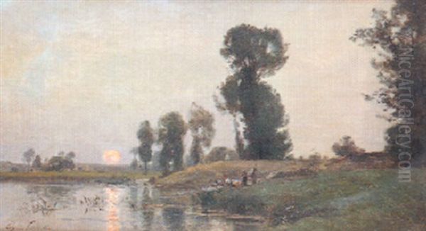 Les Lavandieres Au Coucher Du Soleil Oil Painting by Eugene Antoine Samuel Lavieille