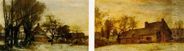 Une Ferme En Hiver Oil Painting by Eugene Antoine Samuel Lavieille