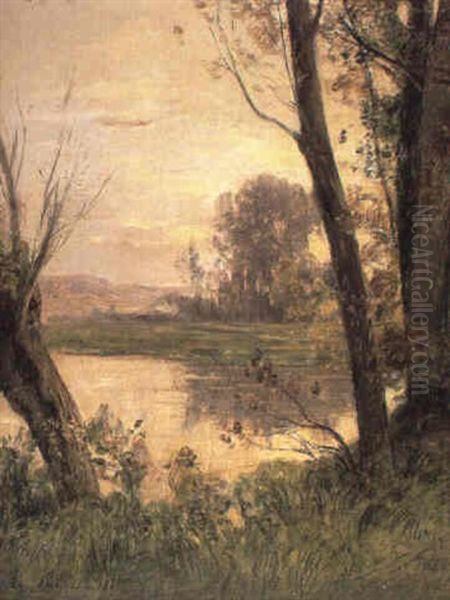 Pecheur Au Bord De L'etang by Eugene Antoine Samuel Lavieille