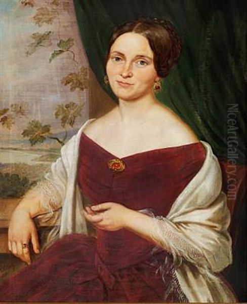 Distinguished Woman In Wine Red Velvet Dress With A White Shawl Oil Painting by Nikolai Andreevich Lavrov