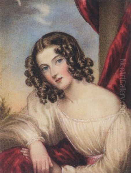 A Young Lady (the Artist's Sister?) Leaning On A Balcony, Wearing White Dress With Pink Waistband Oil Painting by Elizabeth Susan, the Hon. Law