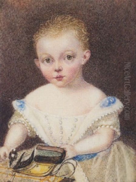 The Hon. Reginald Abbot As A Child, Wearing White Dress Trimmed With Blue Ribbons And Pearls, He Holds A Toy Carriage Oil Painting by Elizabeth Susan, the Hon. Law