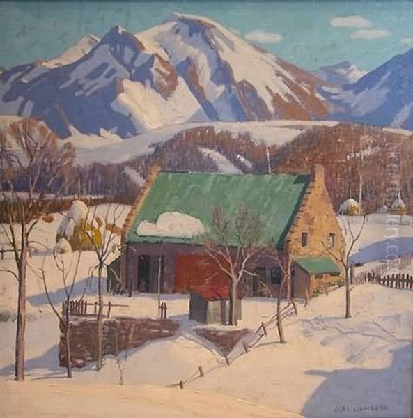 Mountainside Winter Scene With Snowy Hills And Barn Oil Painting by Carl Lawless