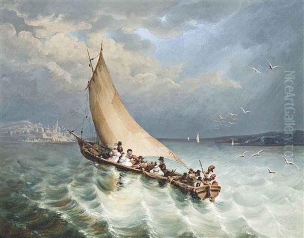 A Crowded Ferry Boat Approaching An Ottoman Port Oil Painting by Charles B. Lawrence