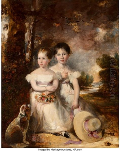 A Portrait Of Two Sisters Seated In A Landscape With Their Pet Dog Oil Painting by Thomas Lawrence