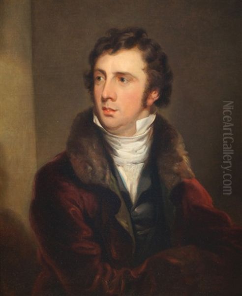 Portrait Of A Young Man Wearing A Burgundy Red Jacket With Fur Collar Oil Painting by Thomas Lawrence