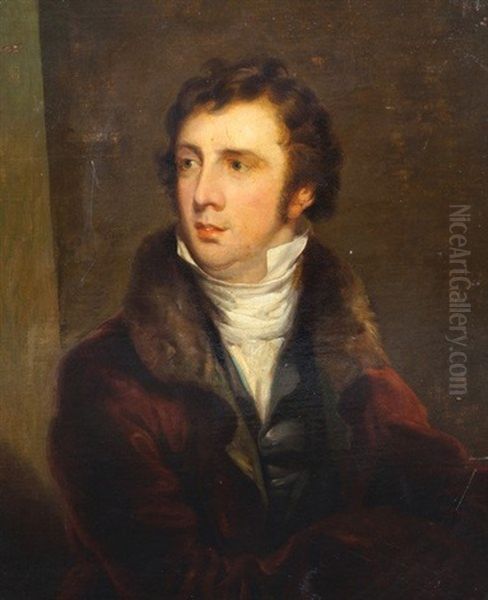 A Portrait Of A Young Man Wearing A Russet Coloured Top Coat With A Fur Collar, Perhaps One Of The Romantic Poets Oil Painting by Thomas Lawrence