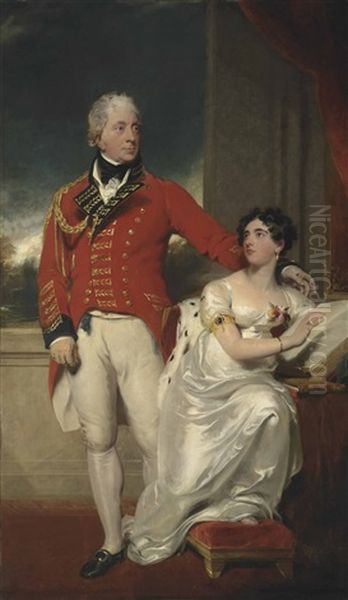 Portrait Of General Albemarle Bertie, 9th Earl Of Lindsey (1744-1818) And His Second Wife, Charlotte Susanna Elizabeth (1780-1858), Daughter Of The Rev. Charles Peter Layard, Dean Of Bristol, Full-length, He In Military Uniform, She In A White Dress Oil Painting by Thomas Lawrence