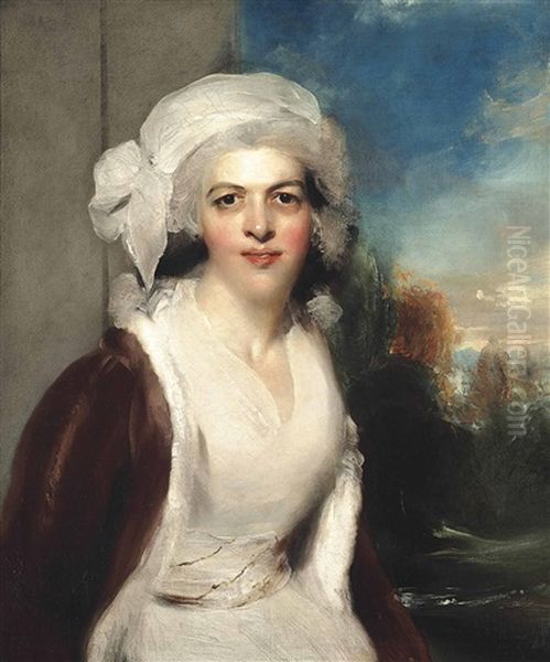 Portrait Of Rebecca, Lady Simeon (d.1830), Half-length, In A White Dress And Fur Wrap, A Wooded Landscape Beyond Oil Painting by Thomas Lawrence