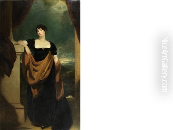 Portrait Of Mrs James Du Pre, Full-length, In A Black Dress, By A Column, A Mountainous Landscape Beyond Oil Painting by Thomas Lawrence