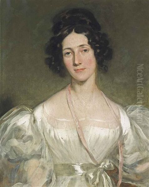 Portrait Of A Lady, Half-length, In A White Silk Dress With A Sash Oil Painting by Thomas Lawrence