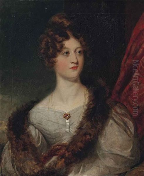 Portrait Of Maria Margaretta (nee Murray), Lady Talbot De Malahide (d. 1873), Half-length, In A White Dress, Before A Red Curtain Oil Painting by Thomas Lawrence