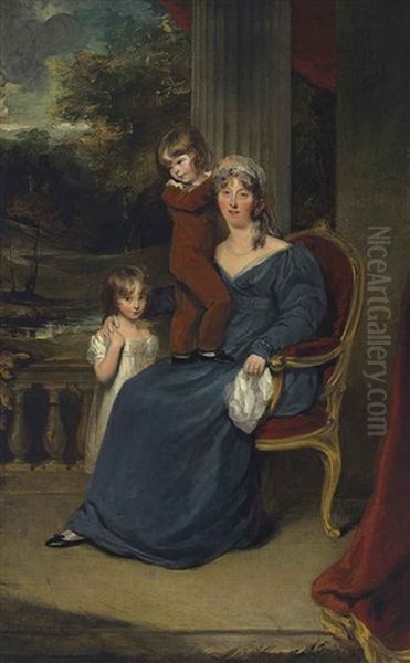 Portrait Of Lady Louisa Harvey, Full-length, And Her Children Edward And Louisa, On A Balcony (collab. W/anonymous) Oil Painting by Thomas Lawrence