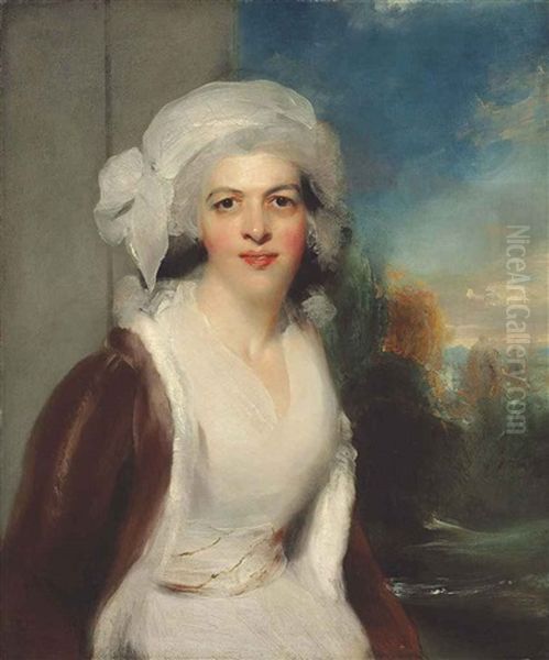 Portrait Of Rebecca, Lady Simeon (d. 1830), Half-length, In A White Dress And Fur Wrap, A Wooded Landscape Beyond Oil Painting by Thomas Lawrence